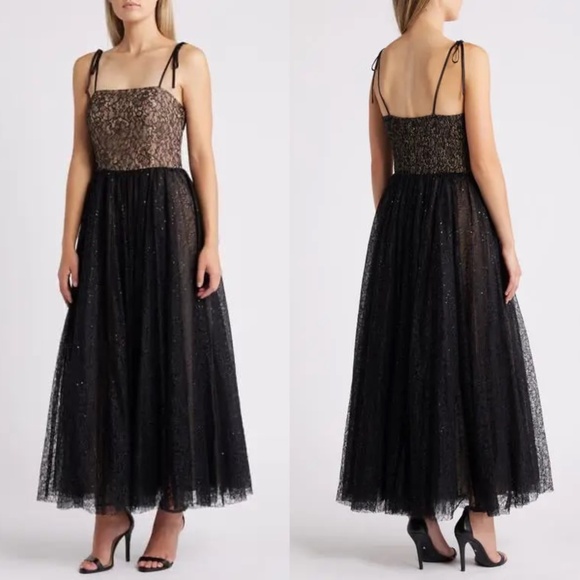 NEW CHELSEA28 Black Nude LACE Sequin Tulle TIE STRAP Party HOLIDAY Maxi DRESS M - Picture 1 of 10